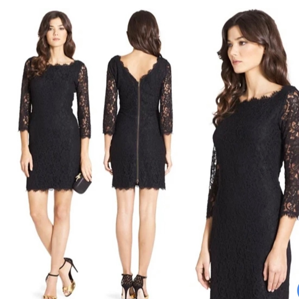 Diane Von Furstenberg Black Lace Long-Sleeve Dress